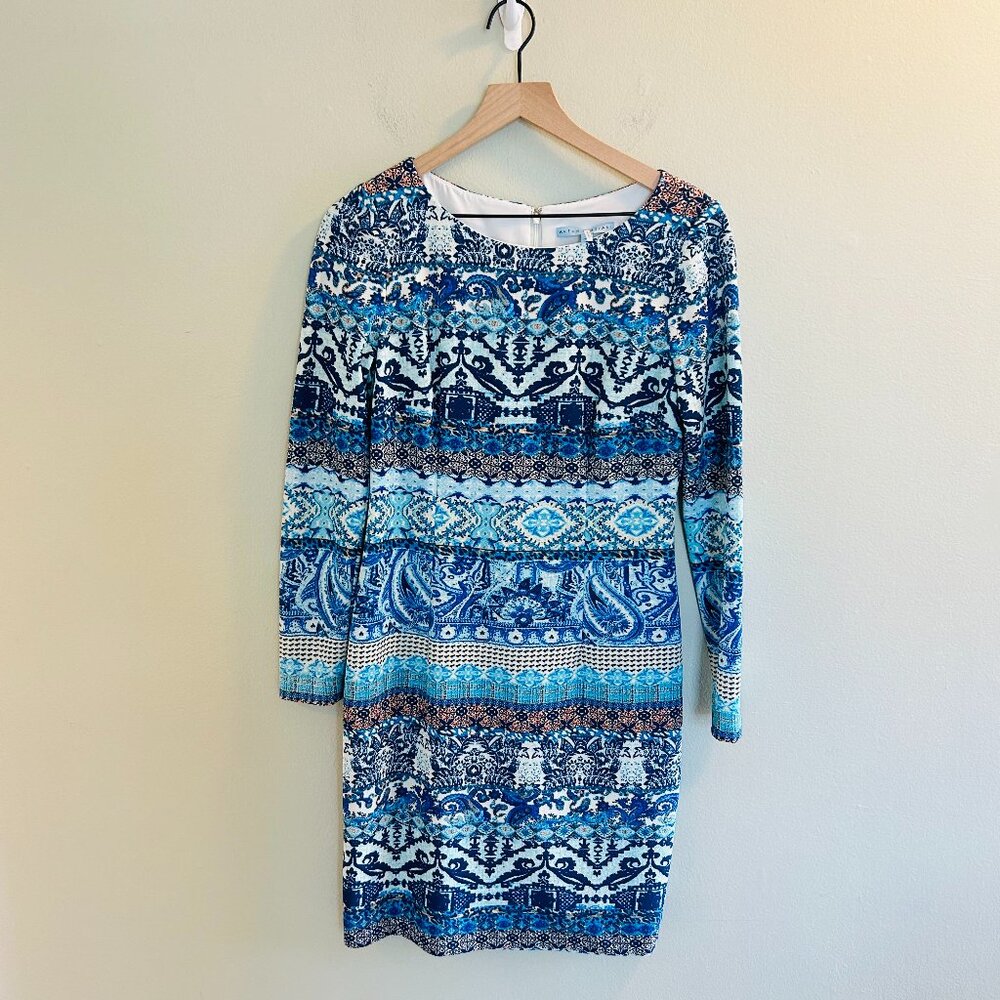 ANTONIO MELANI Blue Scuba Sheath Dress Womens Size 6 Abstract 3/4 Sleeve Work - Picture 2 of 9